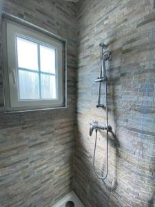 La salle de bains est pourvue d'une douche et d'une fenêtre. dans l'établissement Bel appartement avec jardin au coeur d'Etretat, à Étretat