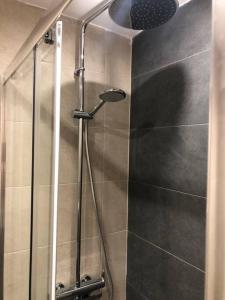 a shower with a glass door in a bathroom at Royal Red suite No2 PIRAEUS PORT in Piraeus