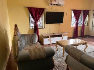 a living room with a couch and a table and a tv at Delornya Complex in Freetown