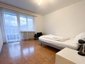 1 dormitorio con cama y ventana grande en Schöne grosse Attika-Wohnung im Zentrum von Vaduz inkl. Parkplatz, en Vaduz