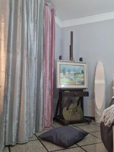 a living room with a television and a mirror at Lo sciuro in Busto Arsizio