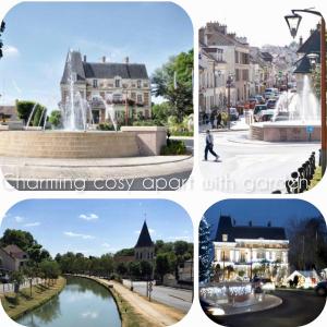 un collage de fotos de una ciudad con una fuente en Charming cosy apart with garden free parking, en Claye-Souilly