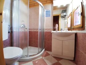 y baño con ducha, aseo y lavamanos. en Velika planina Chalet SLOVENKA en Stahovica
