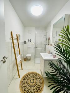 uma casa de banho com um chuveiro, um WC e um lavatório. em Klassen Stay - Exklusives Apartment am HBF - Küche, Netflix, Kingsizebett em Koblenz