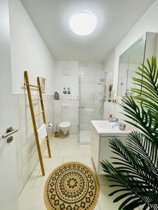 ein Bad mit einer Dusche, einem WC und einem Waschbecken in der Unterkunft Klassen Stay - Exklusives Apartment am HBF - Küche, Netflix, Kingsizebett in Koblenz