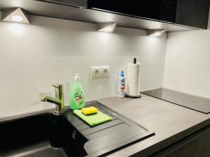 uma cozinha com um balcão com um lavatório e um fogão em Klassen Stay - Exklusives Apartment am HBF - Küche, Netflix, Kingsizebett em Koblenz