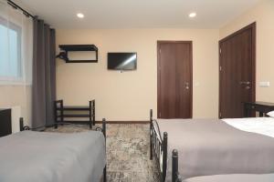 1 Schlafzimmer mit 2 Betten und einem TV an der Wand in der Unterkunft Branša in Telšiai