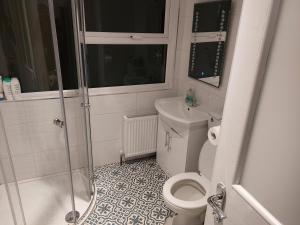 a bathroom with a shower and a toilet and a sink at Amy's Place Charming 3 Bed House Donegal Sleeps 5 in Donegal +22 photos