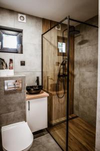 ein Bad mit einer Dusche, einem WC und einem Waschbecken in der Unterkunft Domki na Kaszubach - Chabry i Rumianki - Roztoka, Przywidz - Basen Sauna Jacuzzi 