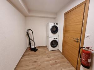 Waschmaschine und Trockner in einem Zimmer mit Tür in der Unterkunft Studio Blackbird in Grimisuat
