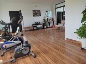 ein Wohnzimmer mit einem Laufband und einem Fitnessraum in der Unterkunft Domaine d'Aba in Đà Nẵng