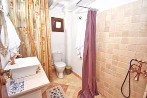 a bathroom with a sink and a toilet and a shower at Ninas Cottage in Línia