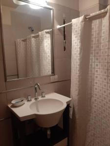 a bathroom with a sink and a shower curtain at Casa excelente ubicación in Mendoza