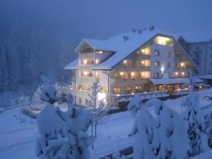 un gran edificio cubierto de nieve por la noche en Hotel Erica, en Tesero