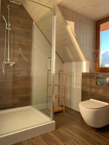 łazienka z prysznicem, toaletą i schodami w obiekcie Vila Svistovka w Starej Leśnej