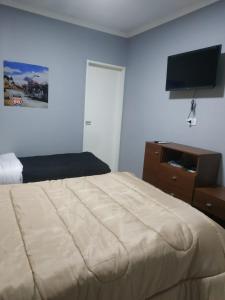 um quarto com uma cama e uma televisão de ecrã plano em Hotel Ruta 66 Oficial em Paso de los Libres
