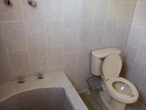 La salle de bains est pourvue de toilettes et d'une baignoire. dans l'établissement CABAÑAS TLAXCO LA LOMA, à Tlaxco de Morelos
