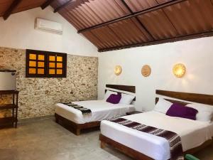 een slaapkamer met twee bedden in een kamer bij Cabañas Pájaro Azul in Akil +38 foto's