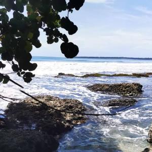 uma vista para o oceano com pedras na água em Casa Vero 2 em Cahuita