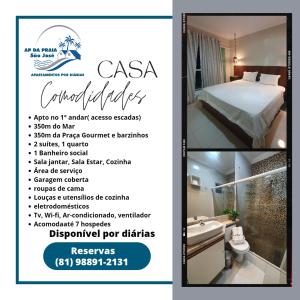 Un folleto para una habitación de hotel con cama y baño en Casa Praia São Jose Maragogi 4, en São José da Coroa Grande
