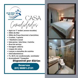 a flyer for a hotel room with a bed and a bathroom at Casa 3quartos rota Maragogi Carneiros in São José da Coroa Grande