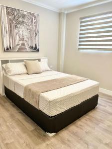Bett in einem Schlafzimmer mit Wandgemälde in der Unterkunft SHAK Condos- Luxury, Functionality and Comfort in Saint Helena
