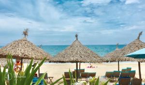 - une plage avec des chaises et des parasols en paille et l'océan dans l'établissement Pink Beach Homestay, à Hội An