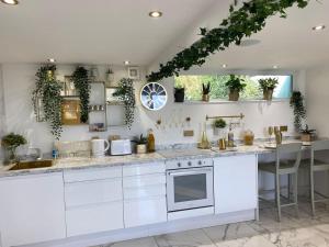 a kitchen with white cabinets and plants on the wall at Beautiful Boutique With own Hot Tub & Pet Friendly in Stokeinteignhead