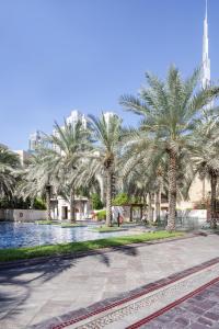 una fila di palme accanto a una piscina di Zaafaran Tower 2 - 2BR Apartment - Allsopp&Allsopp a Dubai