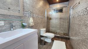 a bathroom with a toilet and a sink and a shower at Rio Verde by Villa Alejandro in Boquete
