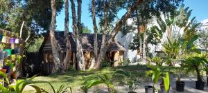 an old house with a thatched roof and trees at The Sanctuary MADAGASCAR in Foulpointe