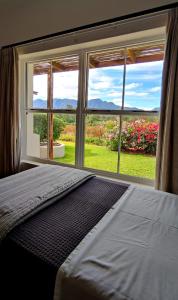 a bedroom with a bed and a large window at Pepper Tree Cottage in De Rust