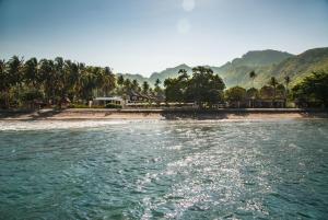 a body of water with a beach and palm trees at Living Asia Resort and Spa in Senggigi