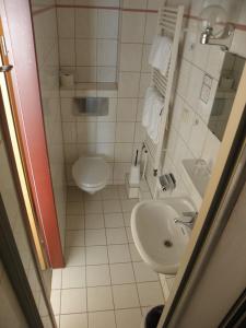 La petite salle de bains est pourvue d'un lavabo et de toilettes. dans l'établissement Gasthof Breeger-Bodden, à Breege