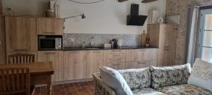 Mas Tulipe de Soie في Bevons: غرفة معيشة مع أريكة ومطبخ