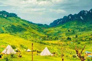 Mường sang farmstay في موك تشاو: مجموعة من الخيام في حقل مع الجبال