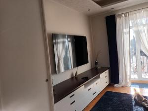 Televízia a/alebo spoločenská miestnosť v ubytovaní Skaistakalnio apartamentai