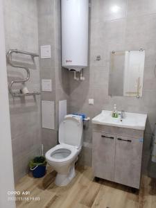 a bathroom with a toilet and a sink and a mirror at Мухтара Ауэзова 205 in Kokshetau