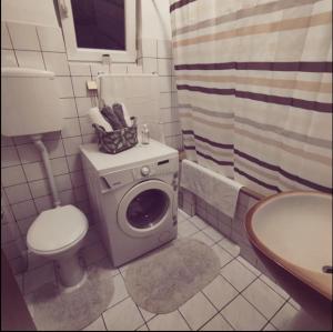 a bathroom with a washing machine and a toilet at Apartmani Gacic- Sabac in Šabac