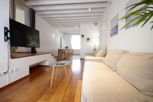 a living room with a couch and a tv at Livingtarifa Apartamento Arco Alameda in Tarifa
