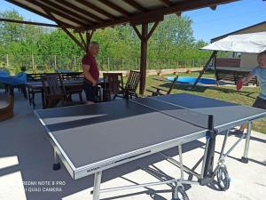 una mesa de ping pong con dos personas alrededor en Sweety-Apartman en Mátészalka