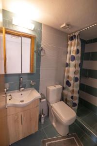 a bathroom with a white toilet and a sink at Ioannis Rooms Δωμάτια με θεα στη θαλασσα in Paránimfoi +37 photos