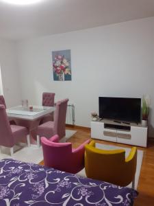 sala de estar con sillas coloridas y TV en Apartman JOVANA, en Vršac