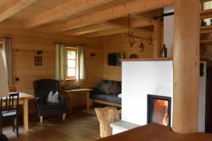 a living room with a fireplace in a log cabin at Hütten am Waldrand in Altnußberg