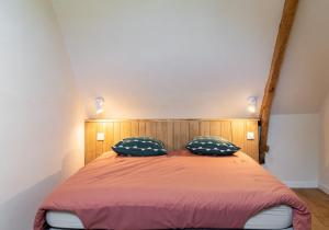 ein Schlafzimmer mit einem Bett mit zwei Kissen in der Unterkunft Gîte de l'Abbaye in Brandivy