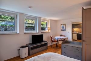 a bedroom with a bed and a television on a dresser at Höllental 51 in Garmisch-Partenkirchen