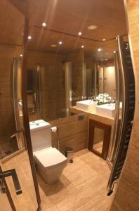 La salle de bains est pourvue de toilettes et d'un grand miroir. dans l'établissement Acogedor apartamento en Edif. Slalom II, à Monachil