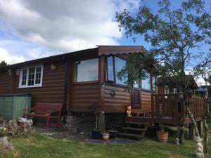 a wooden cabin with a porch and a tree at Snowdonia National park Log cabin with garden in Trawsfynydd