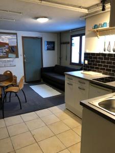 cocina y sala de estar con sofá y mesa en B&B Chalet Les Frenes, en Chamonix-Mont-Blanc