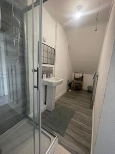 a bathroom with a glass shower and a sink at Lovely 2 Bed On Tower bridge in London